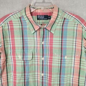 Vintage Polo Ralph Lauren Men' Large Shirt Button Linen Blend Short Sleeve Plaid